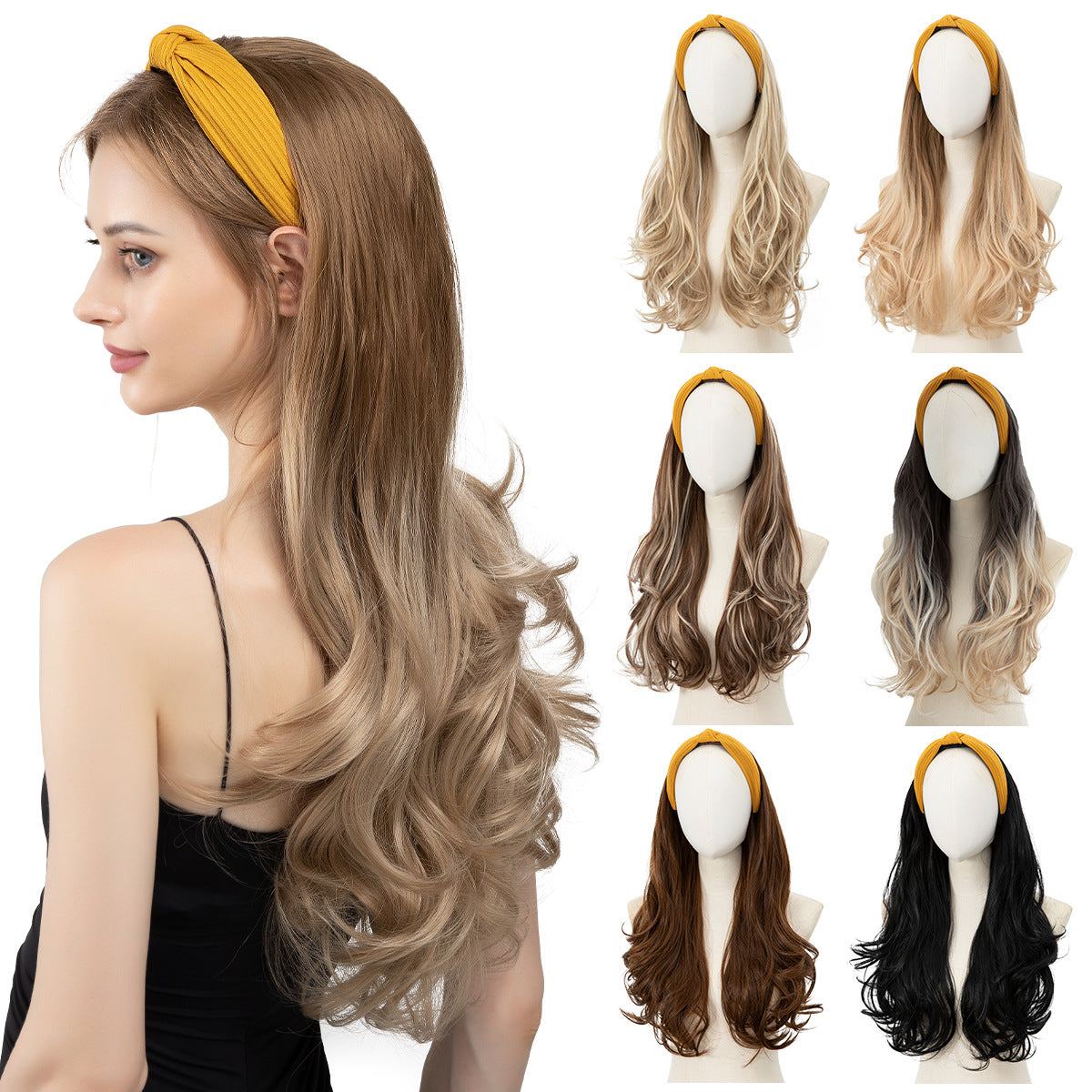 Female Hair Replacement Curly Headband Half Headgear Big Wig Long Curls