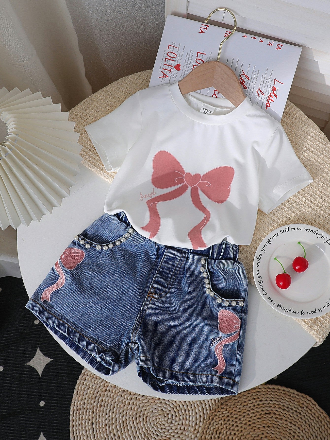 Neck Printed Knitted Top Denim Beaded Embroidered Jeans Children's Suit