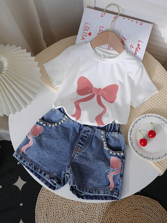 Neck Printed Knitted Top Denim Beaded Embroidered Jeans Children's Suit