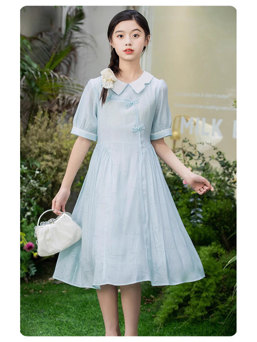 Short-sleeved Summer Cheongsam Blue Chinese Style Traditional Children's Dress