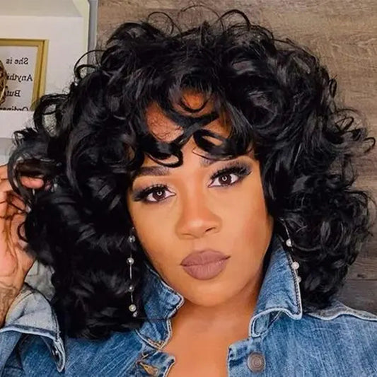 Women's Black Curly Hair Fiber Bangs One Wig Long Curls