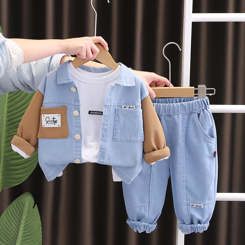 Spring Boys Stitching Letter Logo Denim Long Sleeve Three-piece Children's Suit