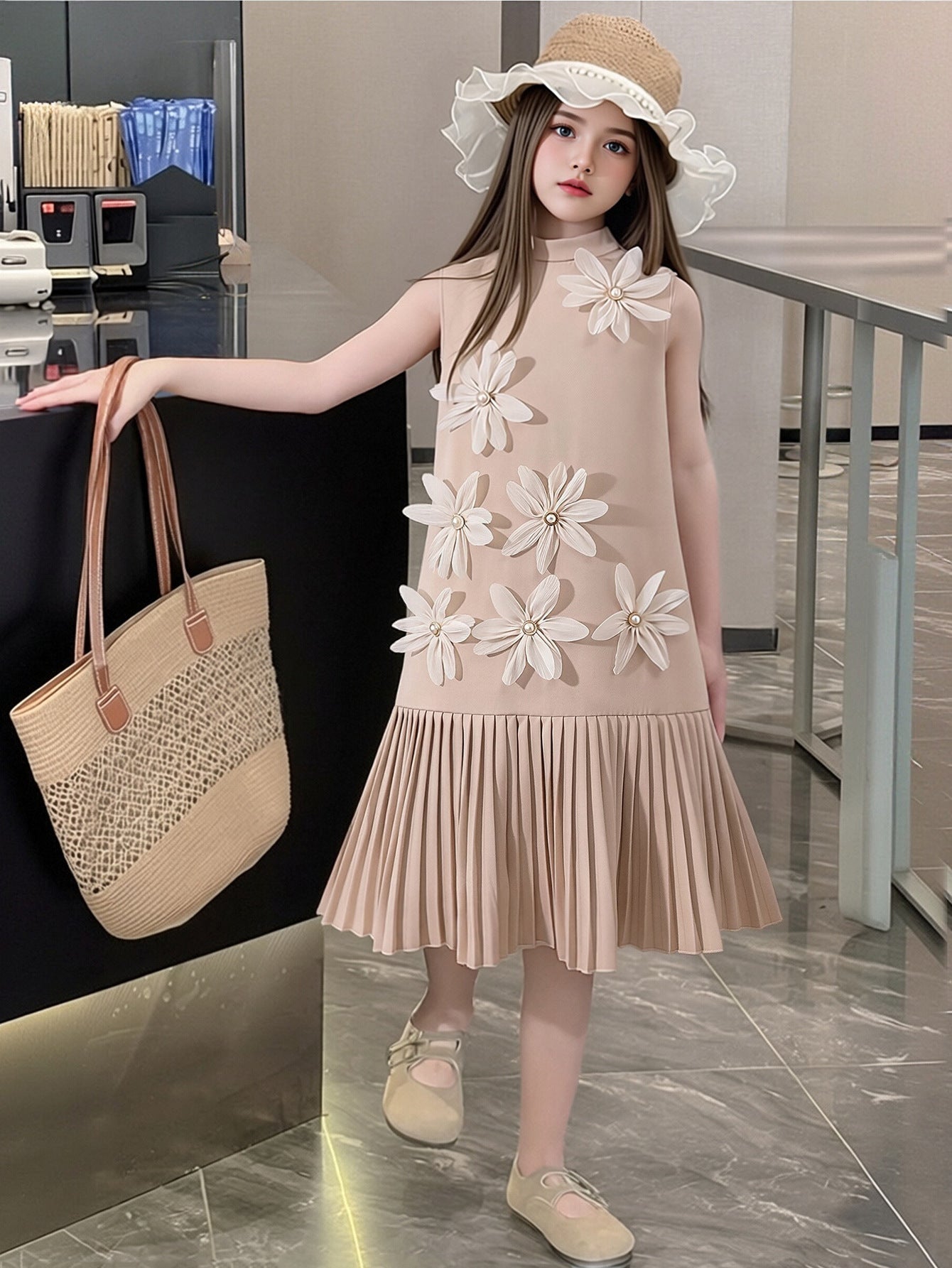 Children's Korean Style Clothing Sleeveless Flower Pleated Skirt Big Children's Dress