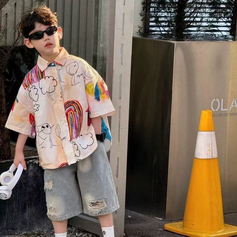 Children's Style Fashion Simple Loose Hole Jeans Children's Pants
