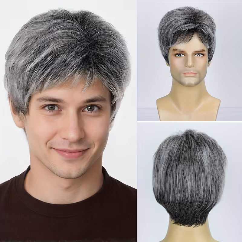 Men's Gray White Partial Fluffy Short Hair Set Fiber Men's Wig