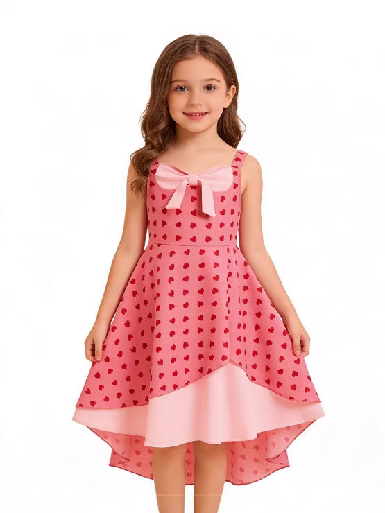 Children's Clothing Vintage Cherry Print Sweet Bow Irregular Strap Children's Dress