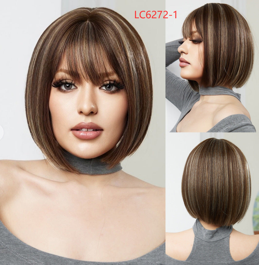 Women's Bangs Brown Gradient Sier Head Daily Wig Short Straight Hair