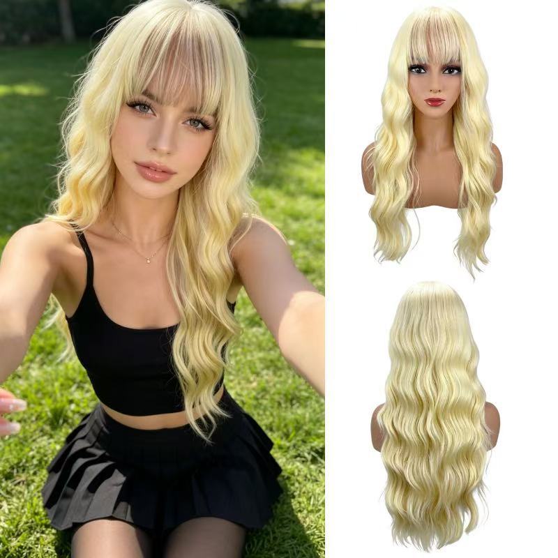 Women's Curly Hair Bangs Realistic Natural Fiber Wig Long Curls