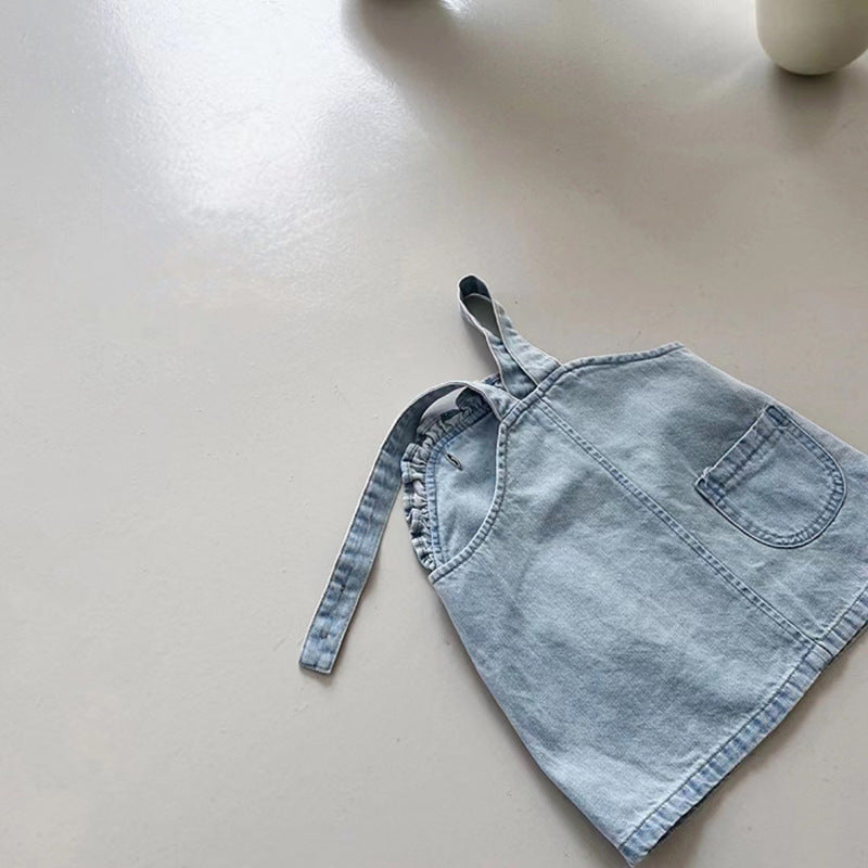 Children's Korean Style Clothing Summer Cotton Denim Suspender Skirt Floral Short Children's Suit
