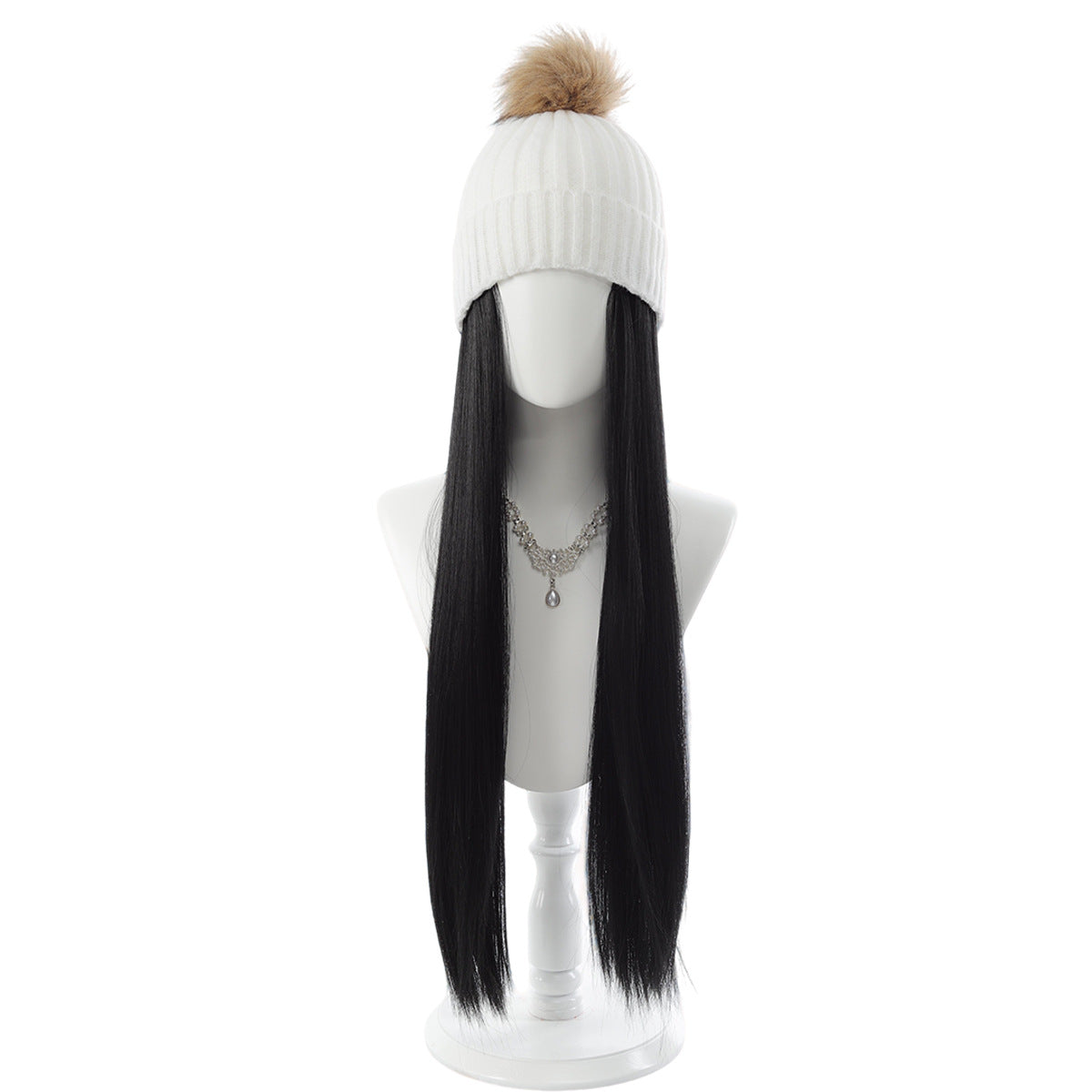 Hat Integrated Black Knitted Beret Golden Long Straight Hair Chemical Other Wig