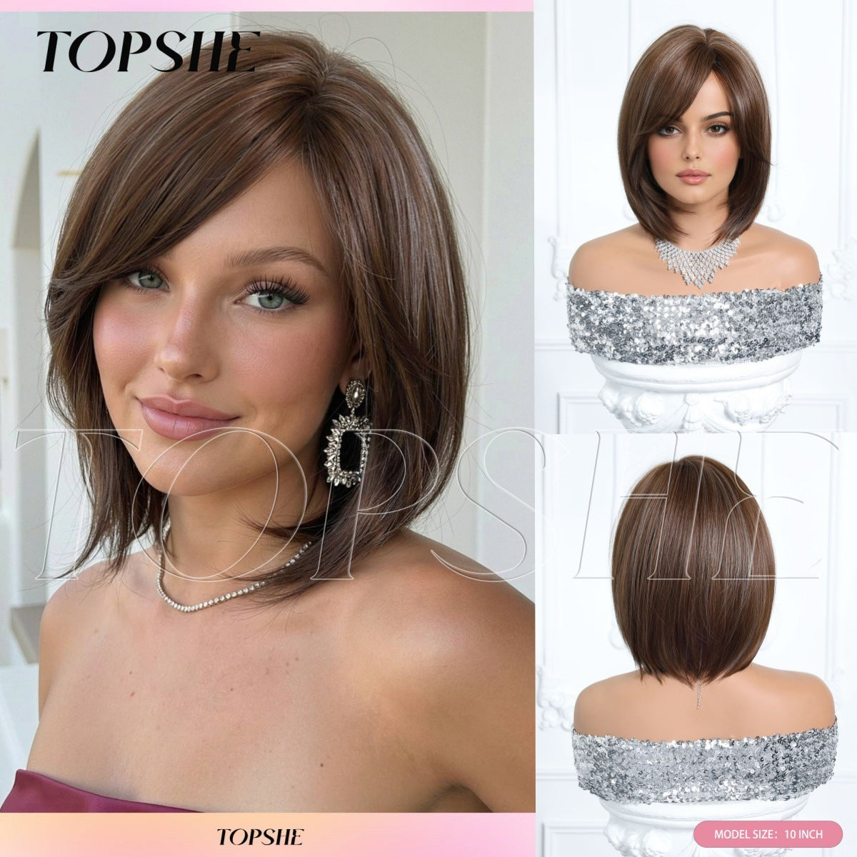 Women's Short Wave Head Gray Brown Highlight Long Straight Wig