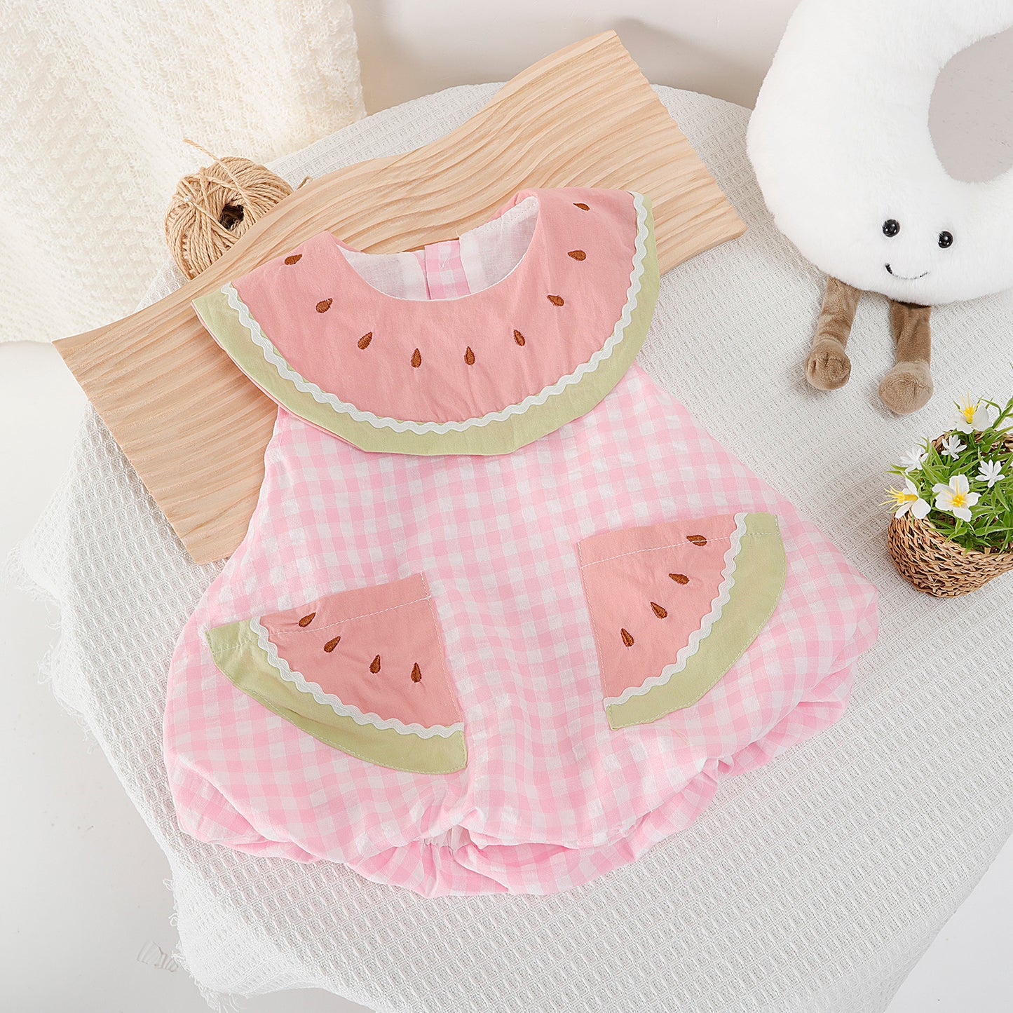Children's Sleeveless Summer Watermelon Collar Plaid Princess Jumpsuit, Climbing Suit