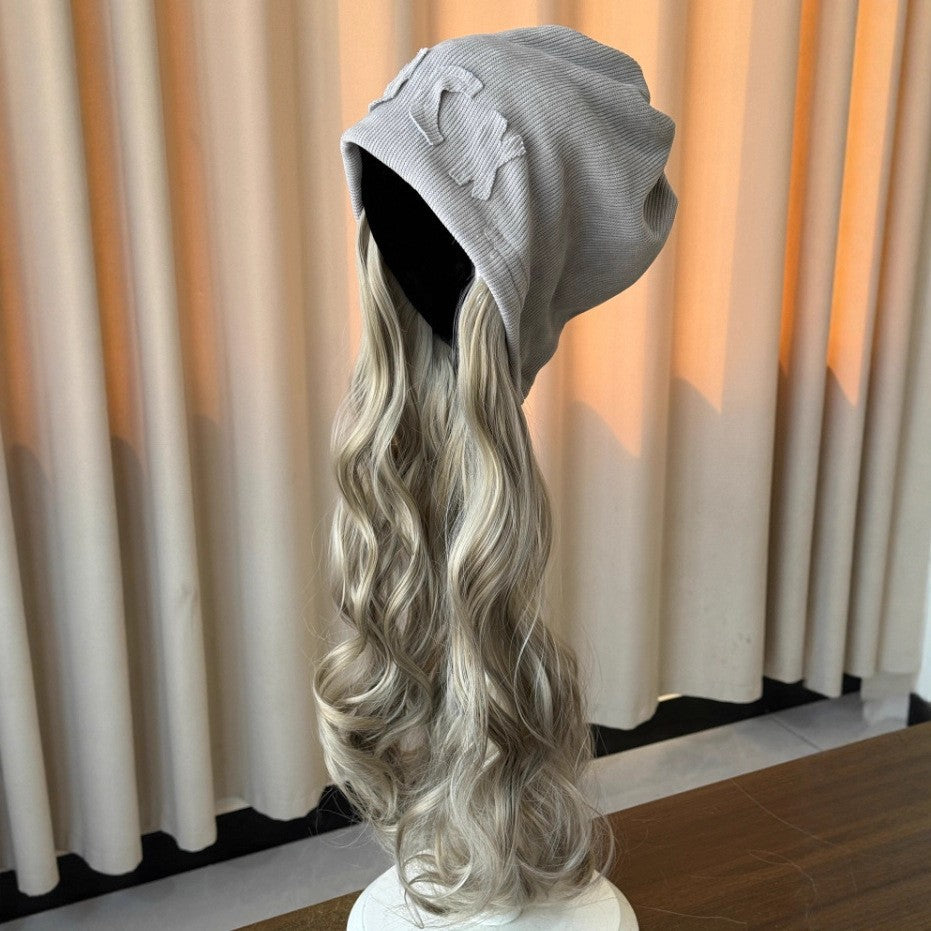 Beanie Hat One Detachable Fashion Cool Gray Street Pile Heap Wig Long Curls