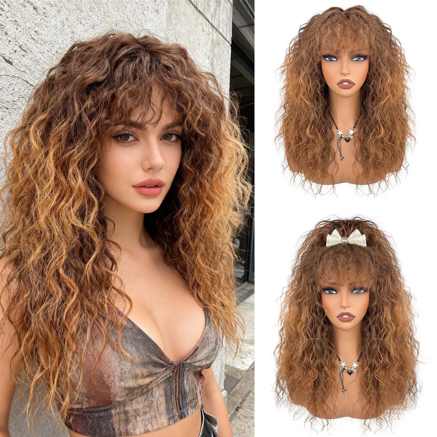 African Natural Small Bangs Chemical Fiber Wig Long Curls