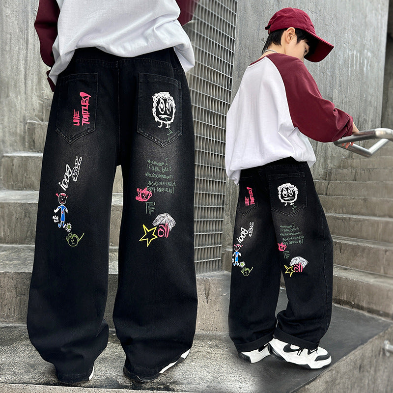 Boys Jeans American Style Iti Printing Wide Leg Fried Children's Pants
