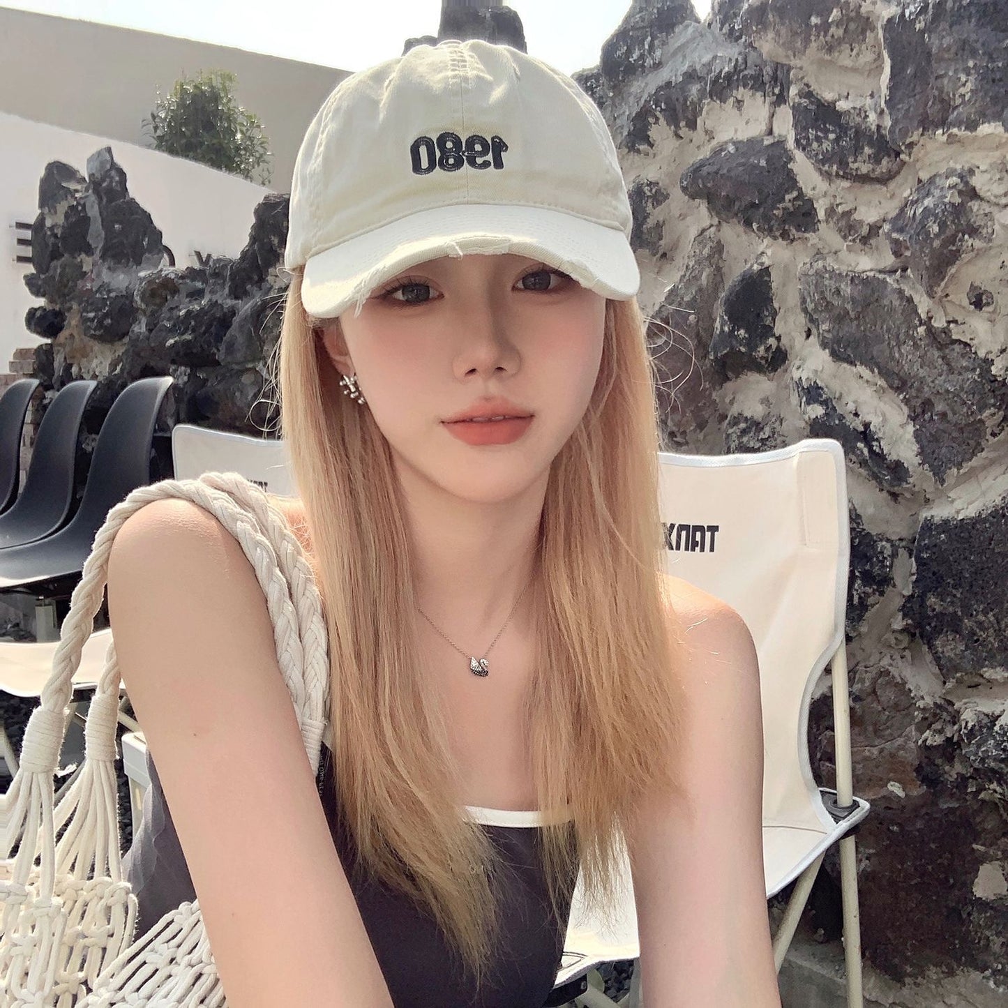 Integrated Female White Gold Color Straight Hair Baseball Cap Small Wig Long Curls