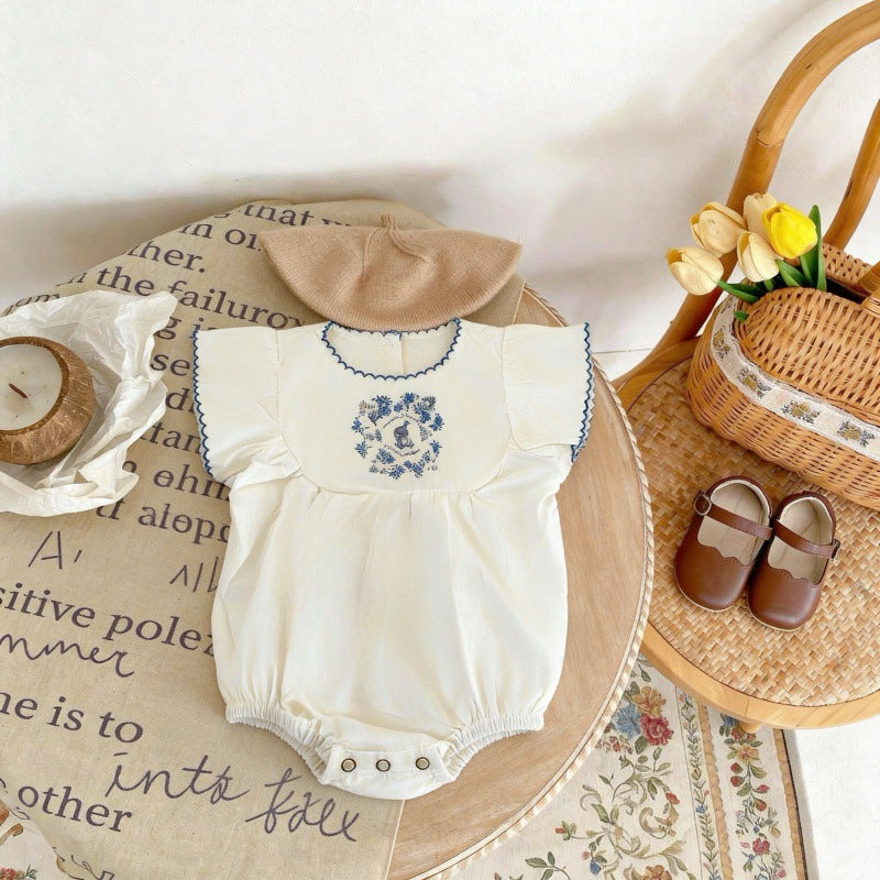 Summer Thin Cotton Embroidery Puff Short Sleeve One-piece Jumpsuit, Climbing Suit