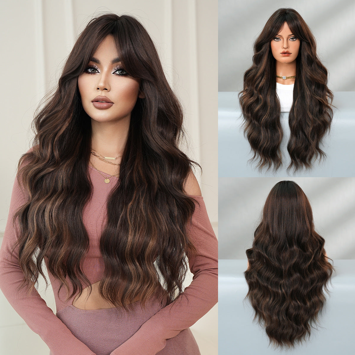 Women's Bangs Brown Dyed Honey Gold Whole Head Wig Long Curls