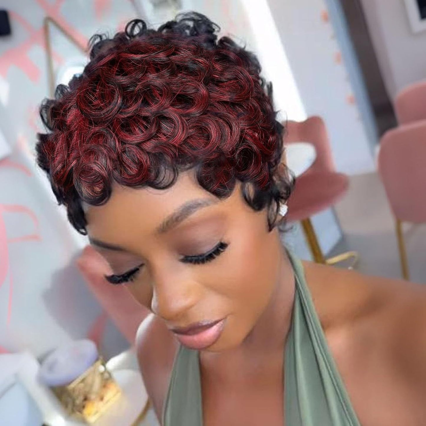 Women's African Small Black Elf Fiber Wig Short Curly Hair