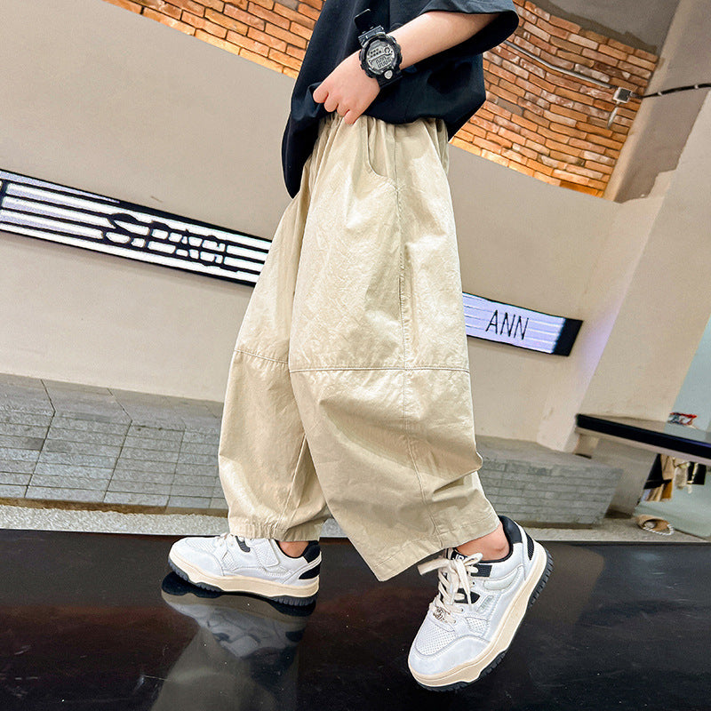 Older Boys Black Straight Lantern Overalls Summer Loose Children's Pants