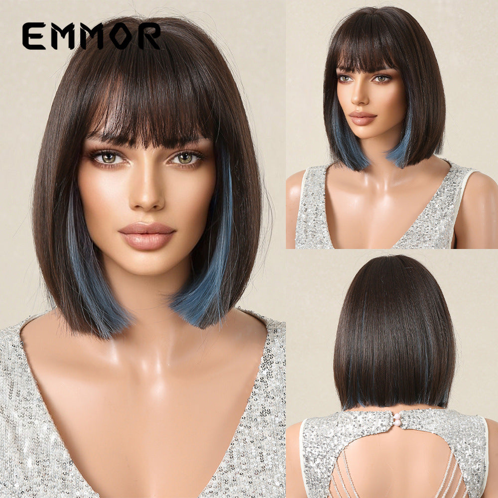 Summer Natural Breathable Bangs Golden Full Wig Short Straight Hair