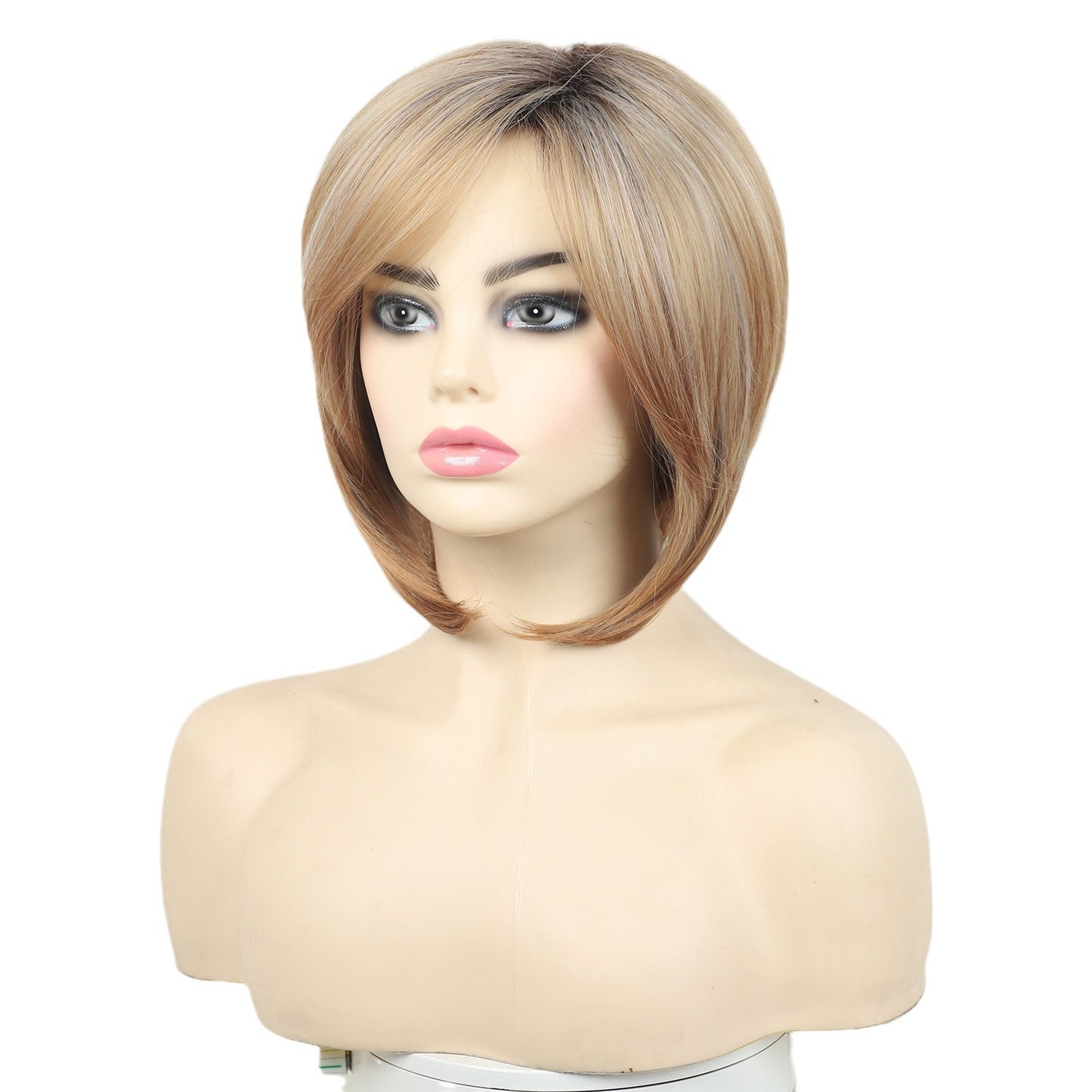 Women's Golden Brown Highlights Side Bangs Chemical Wig Short Curly Hair