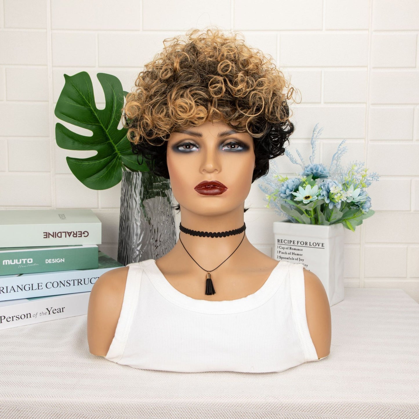 Female Black Chemical Fiber Micro Volume Wig Short Curly Hair