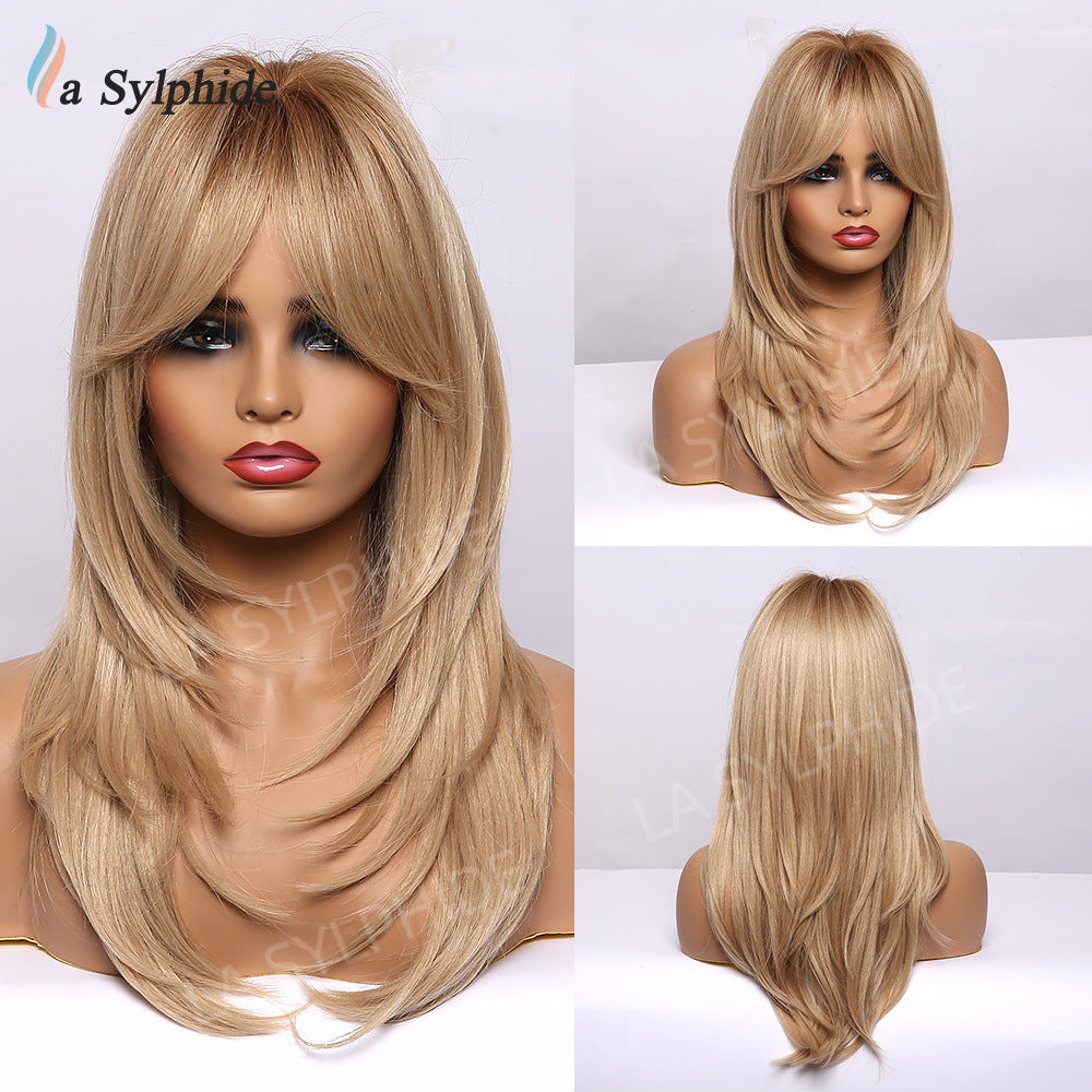 Bangs Mid-length Texture Hair Intellectual Female Mechanism Golden Synthetic Wigs Long Straight Wig
