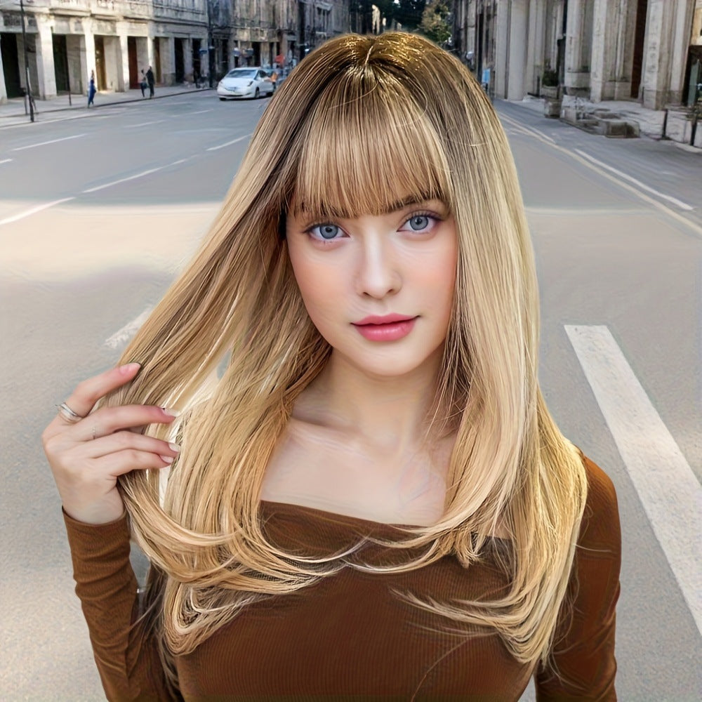 Gradient Golden Fluffy Bangs Chemical Fiber Mechanism Head Wig Long Curls