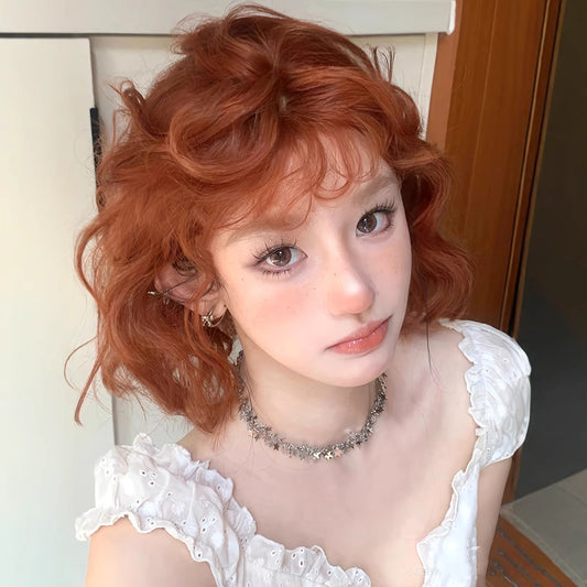 Women's Style Orange Bangs Small Curls Natural Wig Short Curly Hair