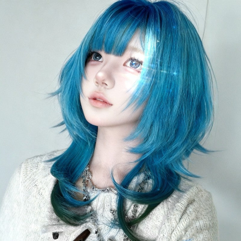 Blue Gradient Wolf Tail Jellyfish Head High-level Short Hair Straight Wig Long Curls