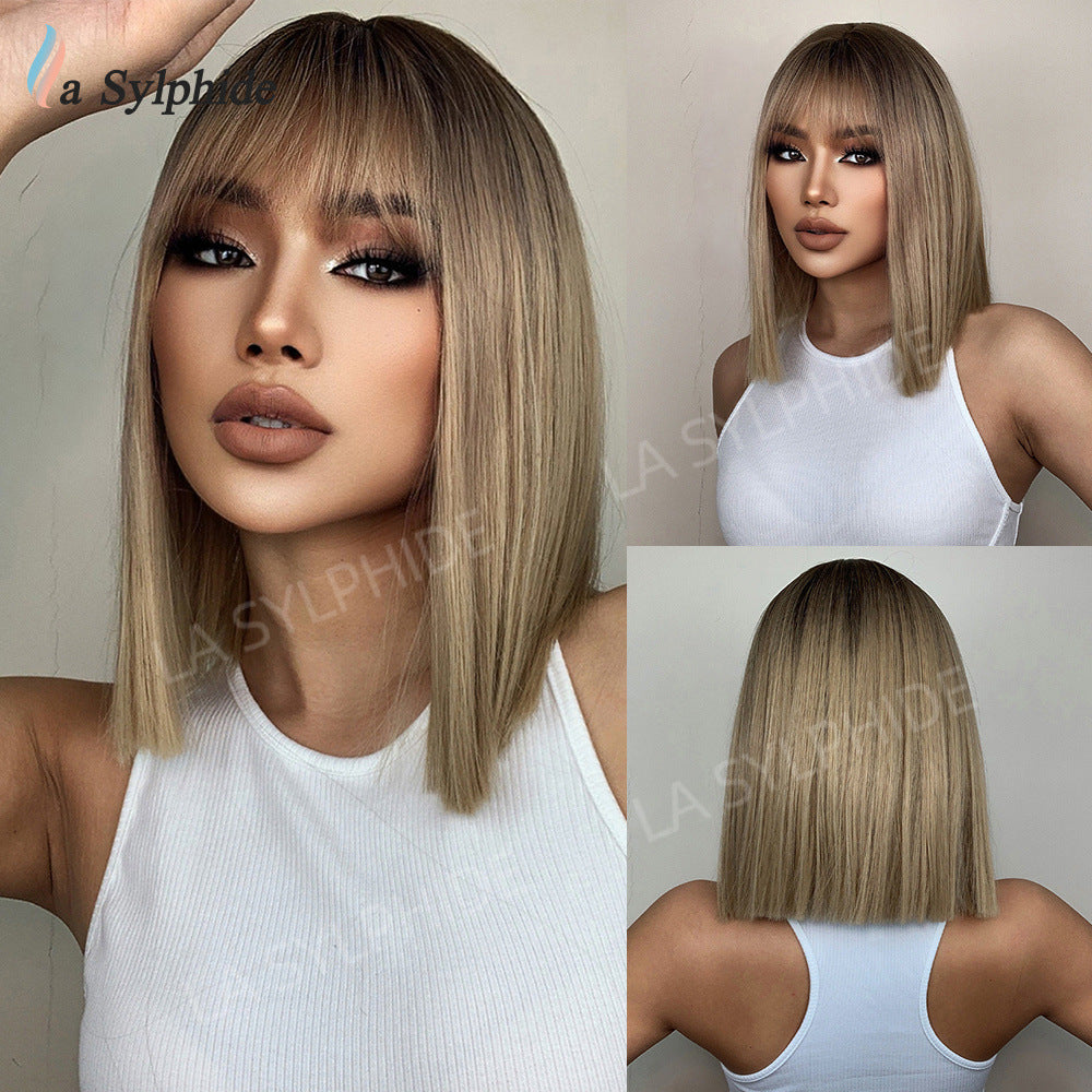 Brown Gradient Golden Chemical Fiber Female Wig Short Straight Hair