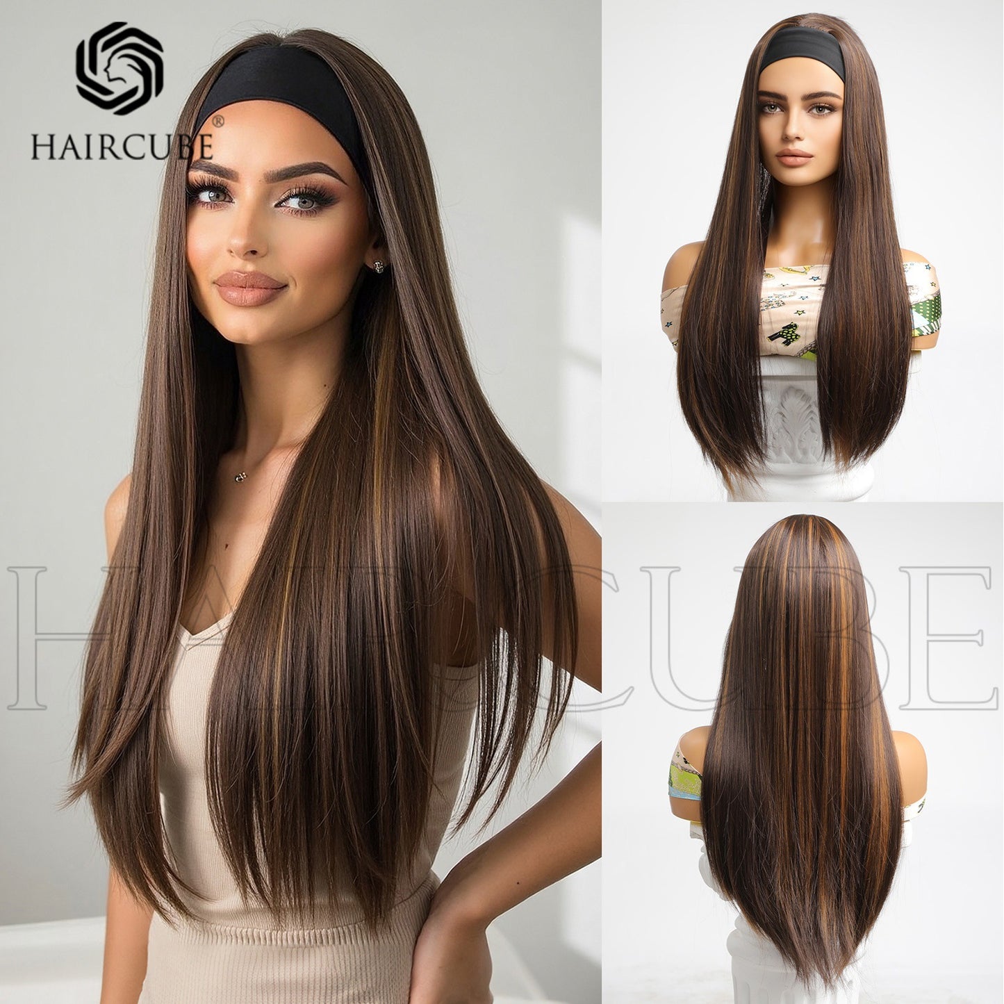 Women's Band Head Cover Small Curly Dark Brown Asian Wig Long Curls
