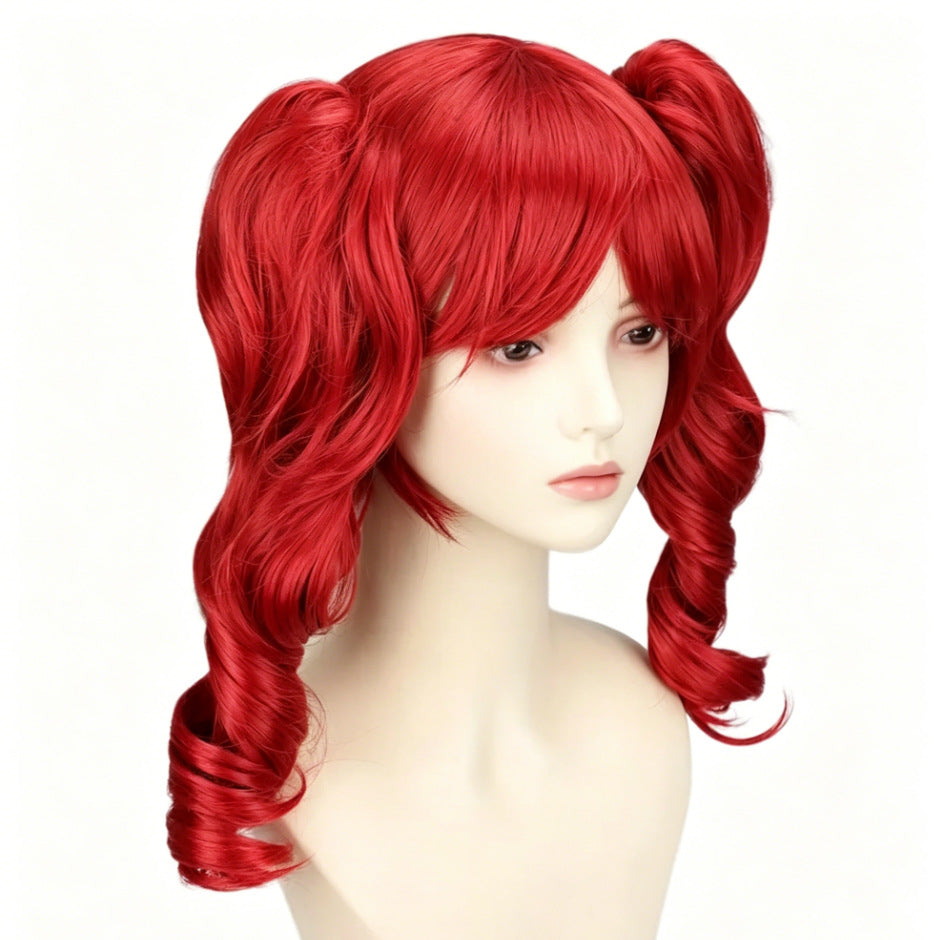 Female Red Double Ponytail Jaws Clamp Curly Hair Party Cos Wig