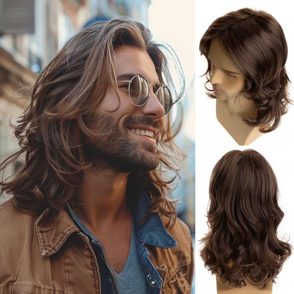 Men's Brown Mid-length Curly Hair Natural Head Men's Wig
