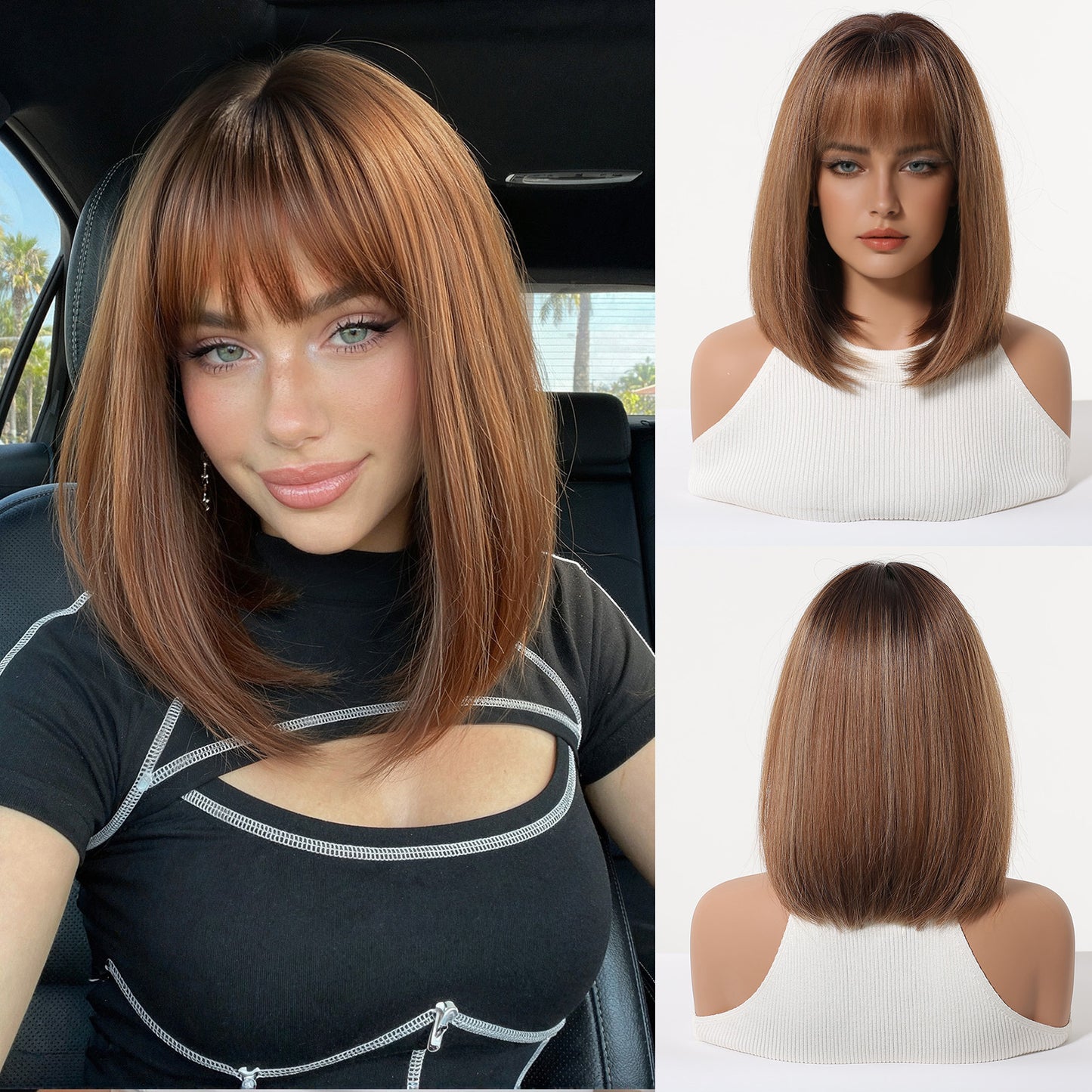 Gradient Brown Highlights Air Bangs Natural Realistic Chemical Fiber Full Wig Short Straight Hair