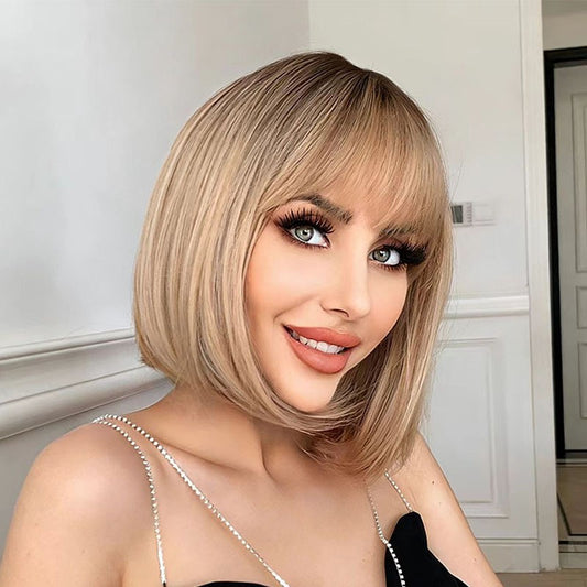 Bangs Brown Top Gradient Straight Natural Wig Short Curly Hair