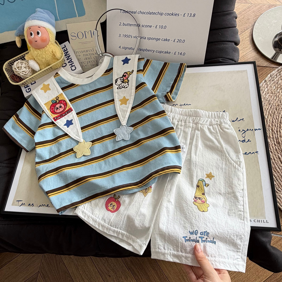 Children's Korean Cartoon Shawl Striped Short-sleeved Shorts Printed Children's Suit
