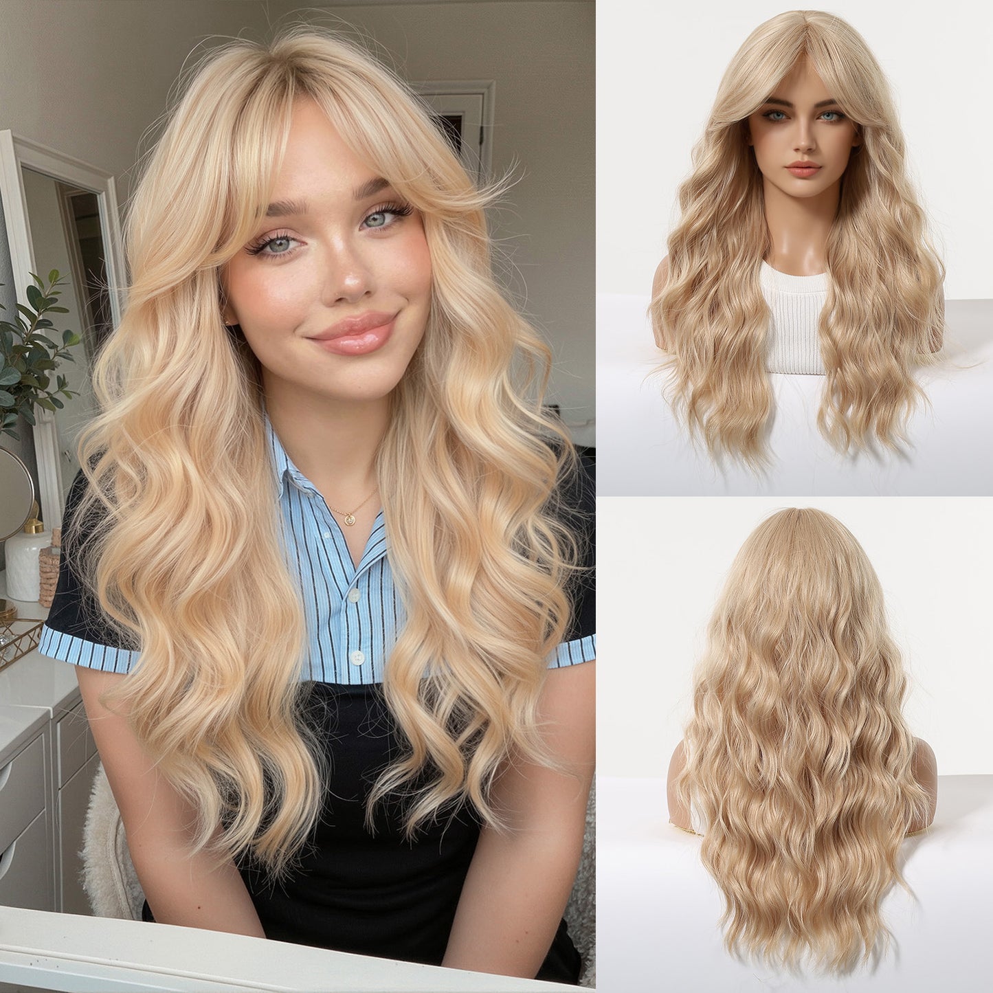 Gradient Platinum Curly Bangs Fluffy Natural Fiber Wig Long Curls