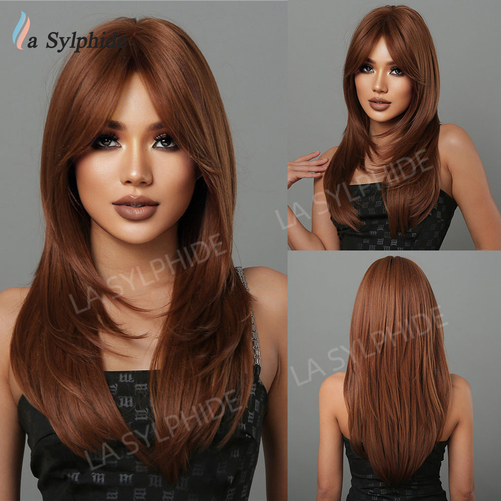 Bangs Mid-length Texture Hair Intellectual Female Mechanism Golden Synthetic Wigs Long Straight Wig