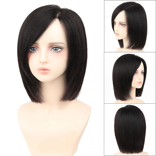 Women's Full Human Hair Lightweight Breathable Front Top Delivery Needle Left Long Straight Wig