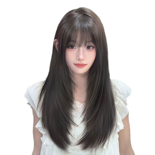 Women's Net Black Long Straight High Layered Increase Simulation Human Head Wig