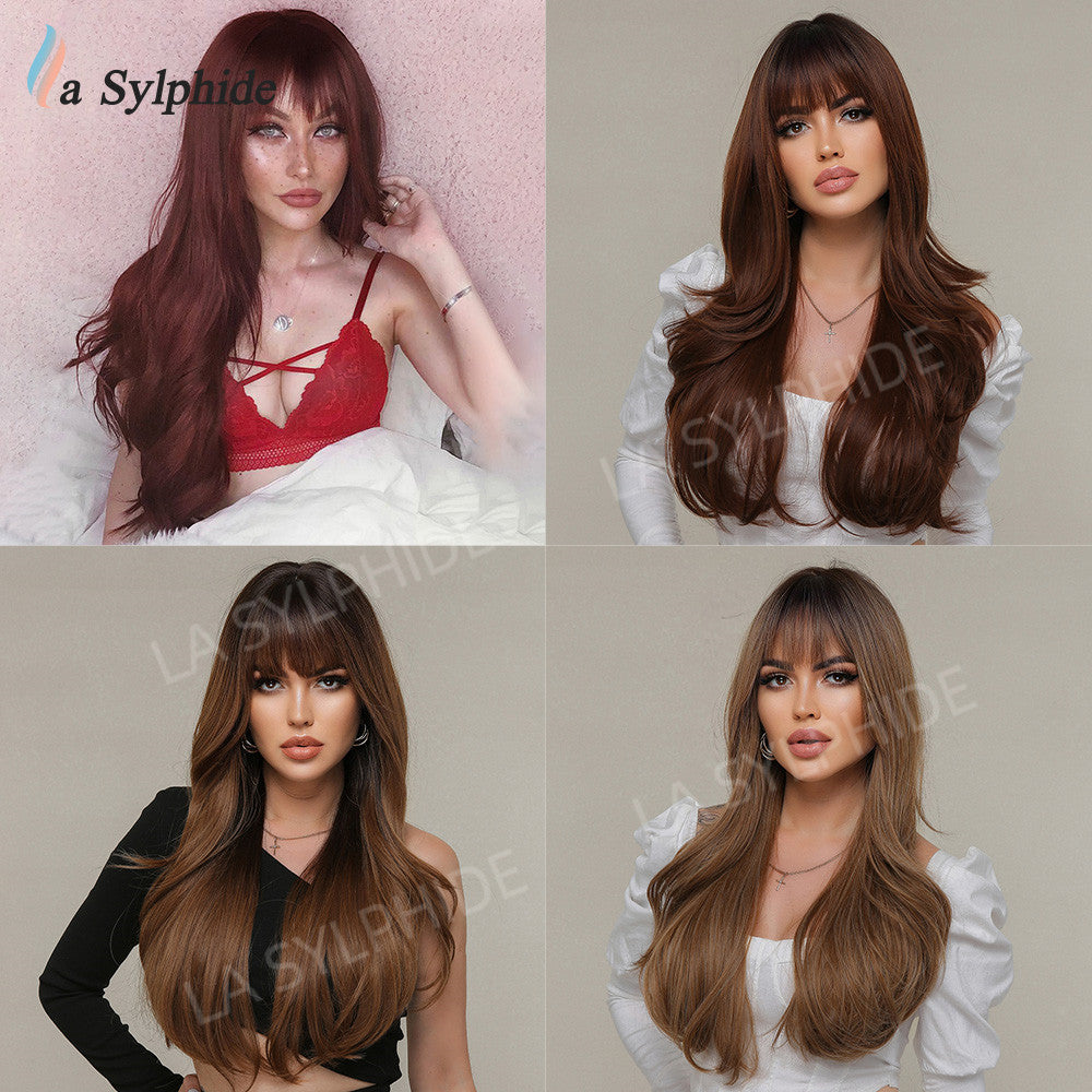 Curly Female Bangs Wine Red Brown Wig Long Curls