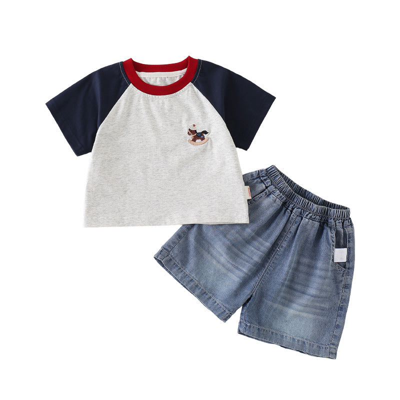 Versatile Top Korean Raglan Sleeve T-shirt Denim Shorts Two-piece Children's Suit