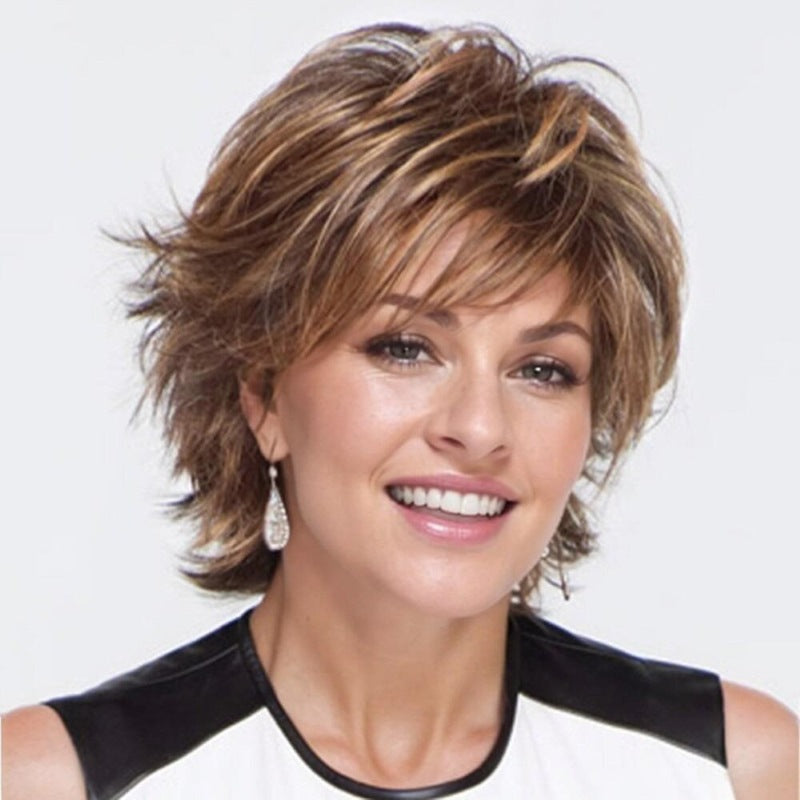 Women's Outside Curly Long Mixed Color Brown Golden One Piece Wig Short Straight Hair