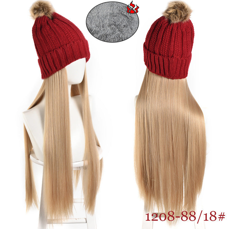 Hat Integrated Black Knitted Beret Golden Long Straight Hair Chemical Other Wig