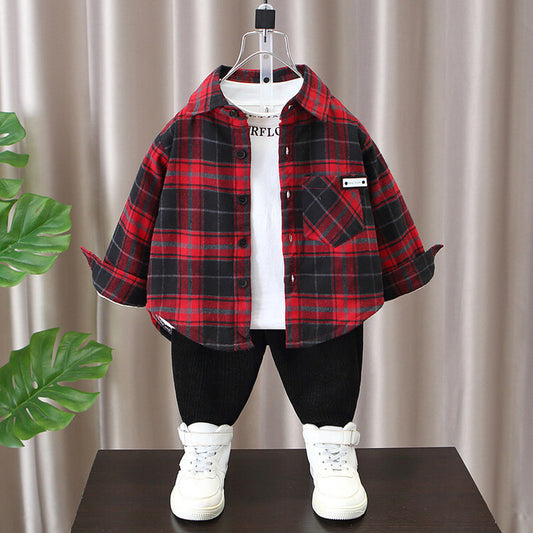 Children's Plaid Thin Brushed Ruffle Handsome Long Sleeve Children's Shirt