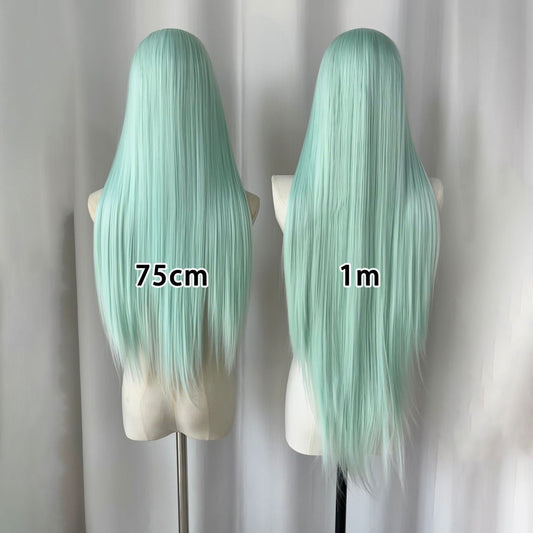 Green Head Cover Hand Crochet Embryo Forehead Lace Full Top Long Straight Wig