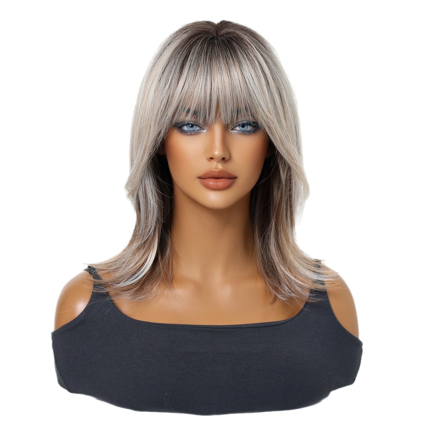Natural Realistic Lightweight Breathable Summer Gradient Gray Gold Collarbone Length Wig Short Straight Hair