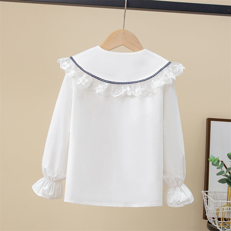 Children's Medium Large Doll Collar White Cotton Long-sleeved Spring Children's Shirt